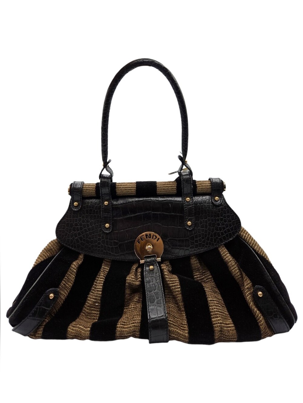 Fendi Black and Brown Striped Top-Handle Shoulder Bag